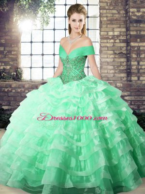 Modest Apple Green Lace Up Quinceanera Dress Beading and Ruffled Layers Sleeveless Brush Train