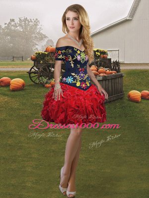 Embroidery and Ruffles Quinceanera Dress Red And Black Lace Up Sleeveless Floor Length