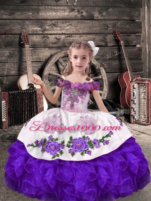 Sleeveless Organza Floor Length Lace Up Little Girl Pageant Gowns in Purple with Beading and Embroidery and Ruffles