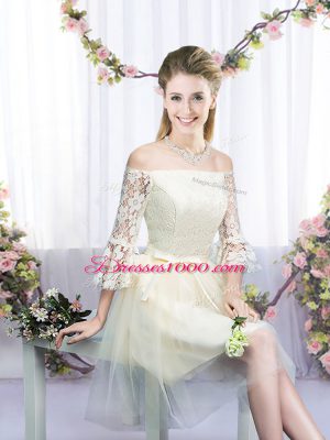 3 4 Length Sleeve Mini Length Lace and Bowknot Lace Up Dama Dress for Quinceanera with Champagne