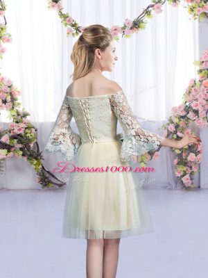 3 4 Length Sleeve Mini Length Lace and Bowknot Lace Up Dama Dress for Quinceanera with Champagne