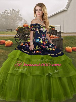 Smart Tulle Off The Shoulder Sleeveless Brush Train Lace Up Embroidery and Ruffled Layers Quince Ball Gowns in Olive Green