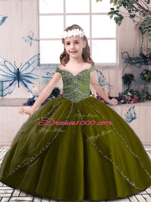 Tulle Straps Sleeveless Lace Up Beading Party Dress in Olive Green