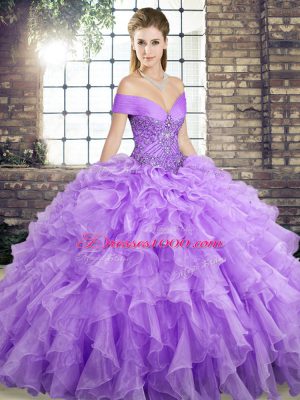 Popular Off The Shoulder Sleeveless Organza 15 Quinceanera Dress Beading and Ruffles Brush Train Lace Up