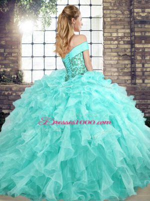 Popular Off The Shoulder Sleeveless Organza 15 Quinceanera Dress Beading and Ruffles Brush Train Lace Up