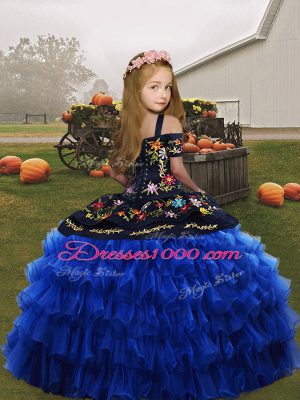 Simple Sleeveless Organza Floor Length Lace Up Pageant Gowns For Girls in Blue with Embroidery and Ruffled Layers