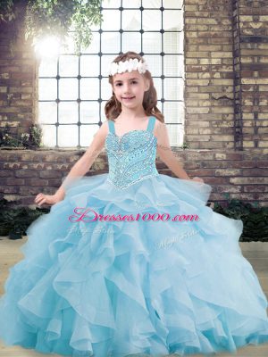 Light Blue Ball Gowns Straps Sleeveless Tulle Floor Length Lace Up Beading and Ruffles Womens Party Dresses