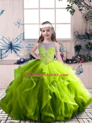 Graceful Sleeveless Tulle Floor Length Lace Up Little Girl Pageant Dress in Olive Green with Beading and Ruffles
