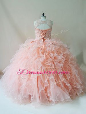 Peach Sleeveless Beading and Ruffles Floor Length Quinceanera Dress