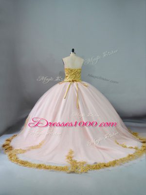 Fabulous Pink and Champagne Ball Gowns Sweetheart Sleeveless Beading and Lace and Appliques Lace Up 15 Quinceanera Dress Brush Train