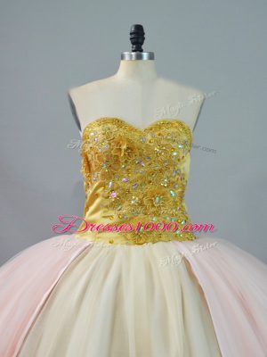 Fabulous Pink and Champagne Ball Gowns Sweetheart Sleeveless Beading and Lace and Appliques Lace Up 15 Quinceanera Dress Brush Train