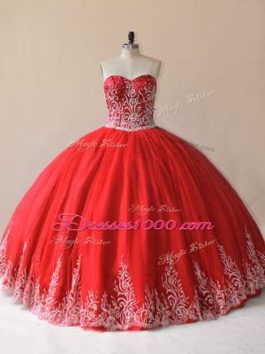 Sleeveless Floor Length Embroidery Lace Up Sweet 16 Quinceanera Dress with Red