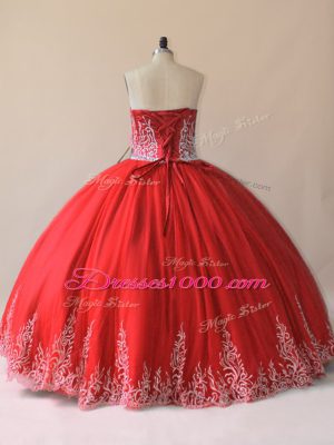 Sleeveless Floor Length Embroidery Lace Up Sweet 16 Quinceanera Dress with Red