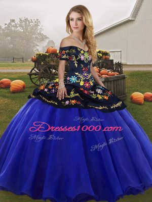 Free and Easy Sleeveless Floor Length Embroidery Lace Up Sweet 16 Dress with Royal Blue