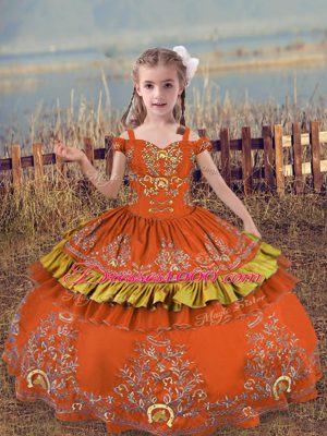 Stunning Off The Shoulder Sleeveless Kids Formal Wear Floor Length Beading and Embroidery Rust Red Satin