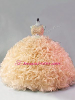 Gold Two Pieces Scoop Sleeveless Fabric With Rolling Flowers Floor Length Zipper Beading and Ruffles Quinceanera Dresses
