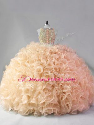 Gold Two Pieces Scoop Sleeveless Fabric With Rolling Flowers Floor Length Zipper Beading and Ruffles Quinceanera Dresses