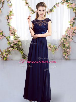 Wonderful Navy Blue Scoop Neckline Lace and Belt Bridesmaids Dress Cap Sleeves Zipper