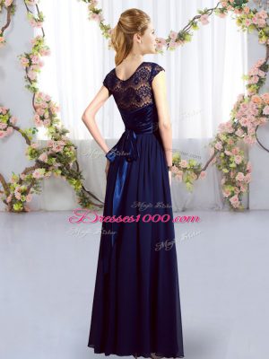 Wonderful Navy Blue Scoop Neckline Lace and Belt Bridesmaids Dress Cap Sleeves Zipper