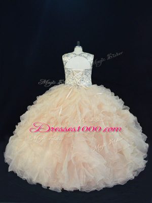 Champagne Scoop Lace Up Beading and Ruffles Sweet 16 Dresses Sleeveless