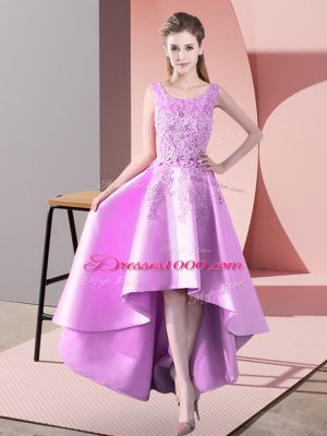 Suitable Lilac A-line Lace Bridesmaids Dress Zipper Satin Sleeveless High Low