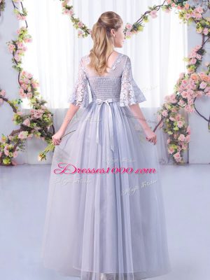 Floor Length Side Zipper Vestidos de Damas Light Blue for Wedding Party with Lace and Belt