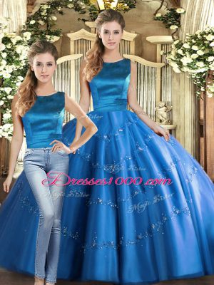 Scoop Sleeveless Quinceanera Gowns Floor Length Appliques Blue Tulle