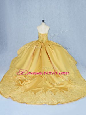 Spectacular Gold Sequined Lace Up Sweetheart Sweet 16 Dresses Court Train Beading and Appliques
