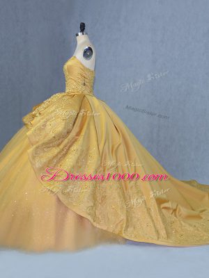 Spectacular Gold Sequined Lace Up Sweetheart Sweet 16 Dresses Court Train Beading and Appliques