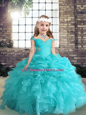 Aqua Blue Little Girls Pageant Dress Wholesale Party and Wedding Party with Beading and Ruffles Straps Sleeveless Side Zipper