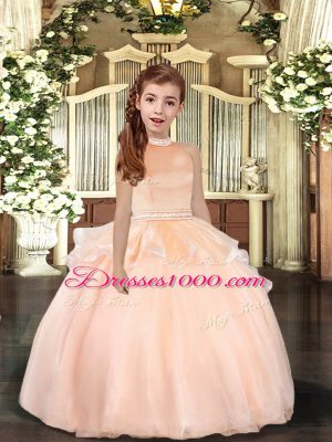 High End Peach Backless Kids Formal Wear Beading Sleeveless Floor Length