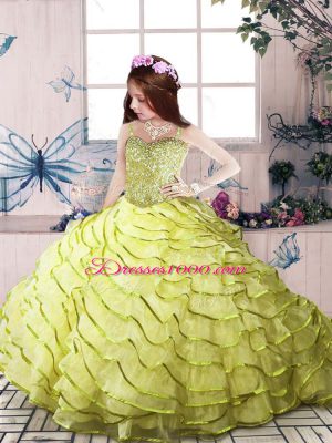 Yellow Green Organza Zipper Straps Sleeveless Womens Party Dresses Beading and Ruffled Layers