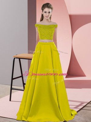 Dynamic Olive Green Two Pieces Off The Shoulder Sleeveless Elastic Woven Satin Sweep Train Backless Beading Pageant Dresses