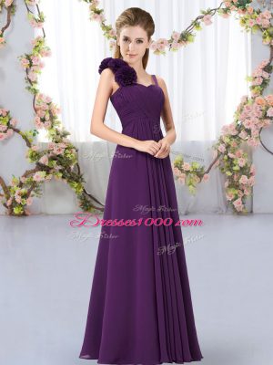 Custom Designed Dark Purple Straps Neckline Hand Made Flower Dama Dress for Quinceanera Sleeveless Lace Up