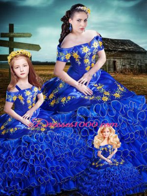 Inexpensive Embroidery and Ruffles Sweet 16 Dresses Royal Blue Lace Up Sleeveless Floor Length