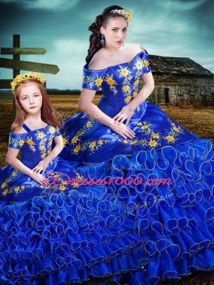 Inexpensive Embroidery and Ruffles Sweet 16 Dresses Royal Blue Lace Up Sleeveless Floor Length