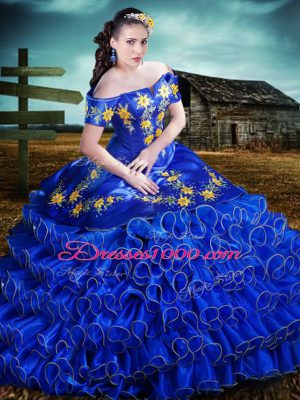 Inexpensive Embroidery and Ruffles Sweet 16 Dresses Royal Blue Lace Up Sleeveless Floor Length