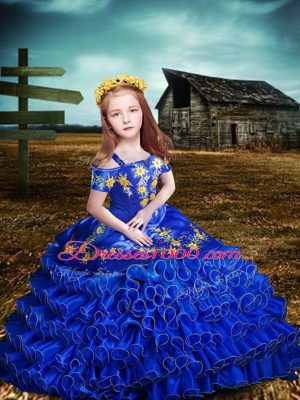 Inexpensive Embroidery and Ruffles Sweet 16 Dresses Royal Blue Lace Up Sleeveless Floor Length