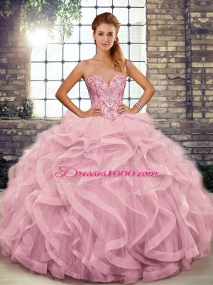 Pink 15 Quinceanera Dress Military Ball and Sweet 16 and Quinceanera with Beading and Ruffles Sweetheart Sleeveless Lace Up