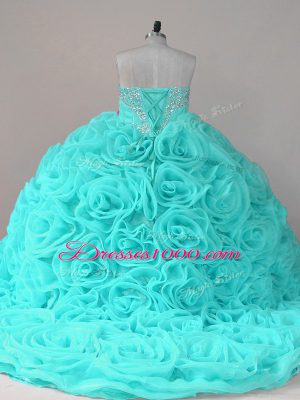 Glamorous Aqua Blue Ball Gowns Sweetheart Sleeveless Fabric With Rolling Flowers Lace Up Beading Quinceanera Dress