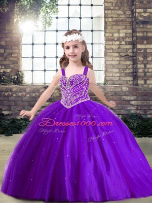 Ball Gowns Girls Pageant Dresses Purple Straps Tulle Sleeveless Floor Length Lace Up