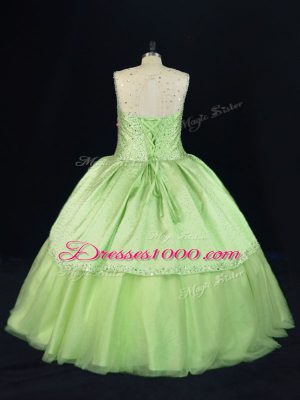 Chic Yellow Green Tulle Lace Up Scoop Sleeveless Floor Length 15th Birthday Dress Beading