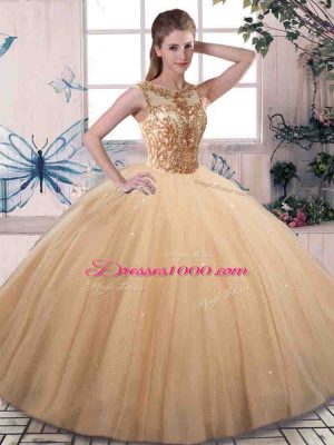 Floor Length Gold Quinceanera Dresses Scoop Sleeveless Lace Up