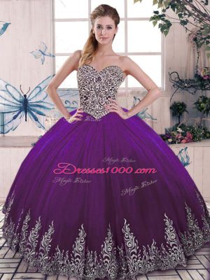 Excellent Purple Lace Up Quinceanera Gown Beading and Embroidery Sleeveless Floor Length