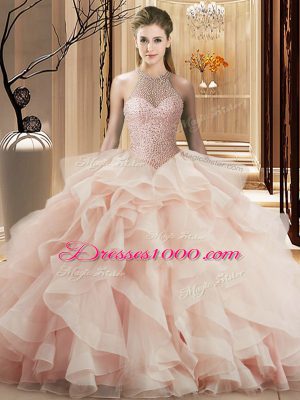 Pink Sleeveless Organza Brush Train Lace Up Sweet 16 Quinceanera Dress for Sweet 16 and Quinceanera