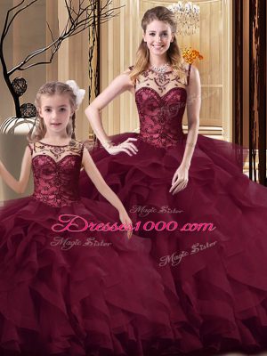 Nice Burgundy Scoop Neckline Beading and Ruffles Quinceanera Gowns Sleeveless Lace Up