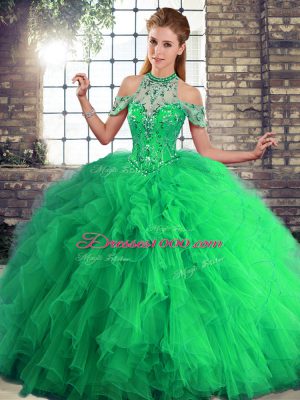 Inexpensive Green Tulle Lace Up Quince Ball Gowns Sleeveless Floor Length Beading and Ruffles