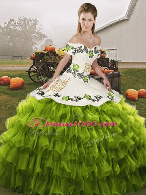 On Sale Sleeveless Organza Floor Length Lace Up Sweet 16 Quinceanera Dress in Olive Green with Embroidery and Ruffled Layers