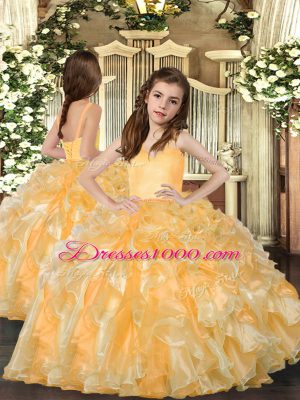 Latest Gold Organza Lace Up Straps Sleeveless Floor Length Party Dress for Toddlers Ruffles