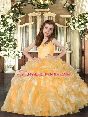 Latest Gold Organza Lace Up Straps Sleeveless Floor Length Party Dress for Toddlers Ruffles